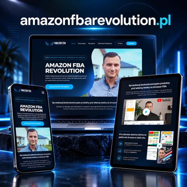 Projekt Amazon FBA Revolution - mockup strony na komputerze, tablecie i telefonie, Debskiwww