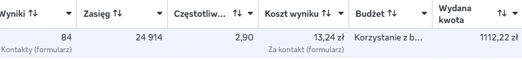Oryginalny screenshot wyników: Hotel - kampania na zapytania o rezerwację