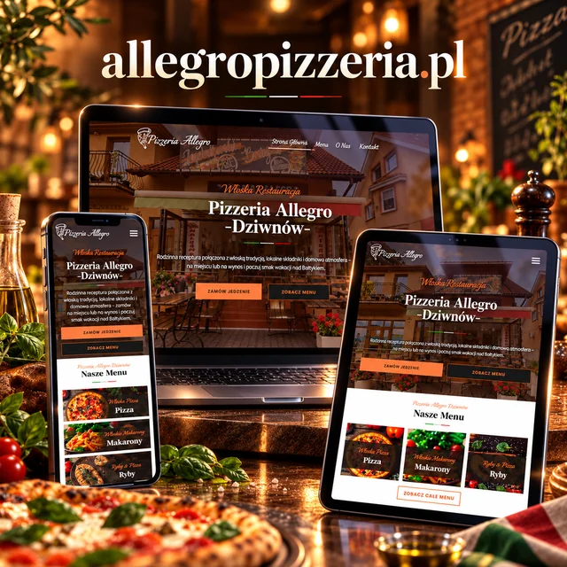 Projekt Pizzeria Allegro - mockup strony na komputerze, tablecie i telefonie, Debskiwww