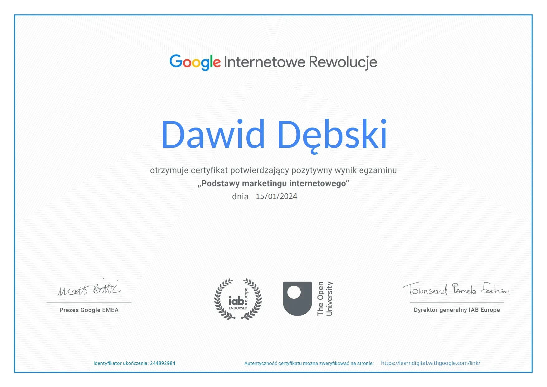 Certyfikat Dawida Dębskiego: Google Internetowe Rewolucje - Podstawy marketingu internetowego, 15.01.2024